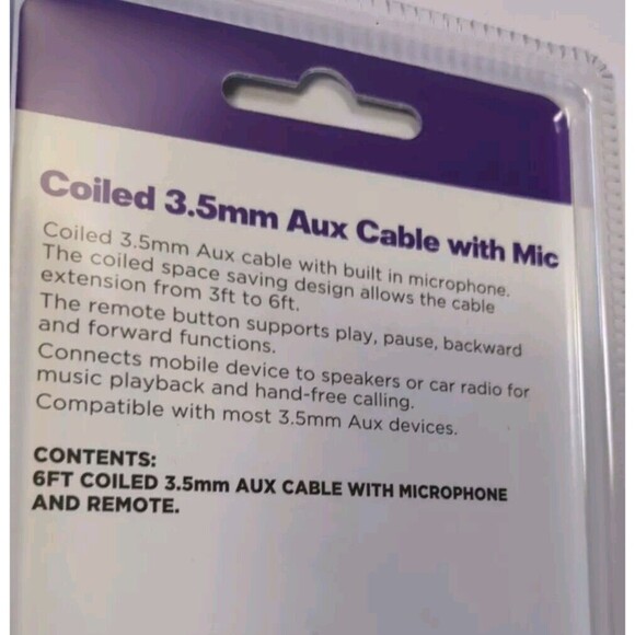 New Infinitive Coiled 3.5 mm Aux Cable with Mic and Remote New 6ft.  Sealed NIP - Picture 3 of 5